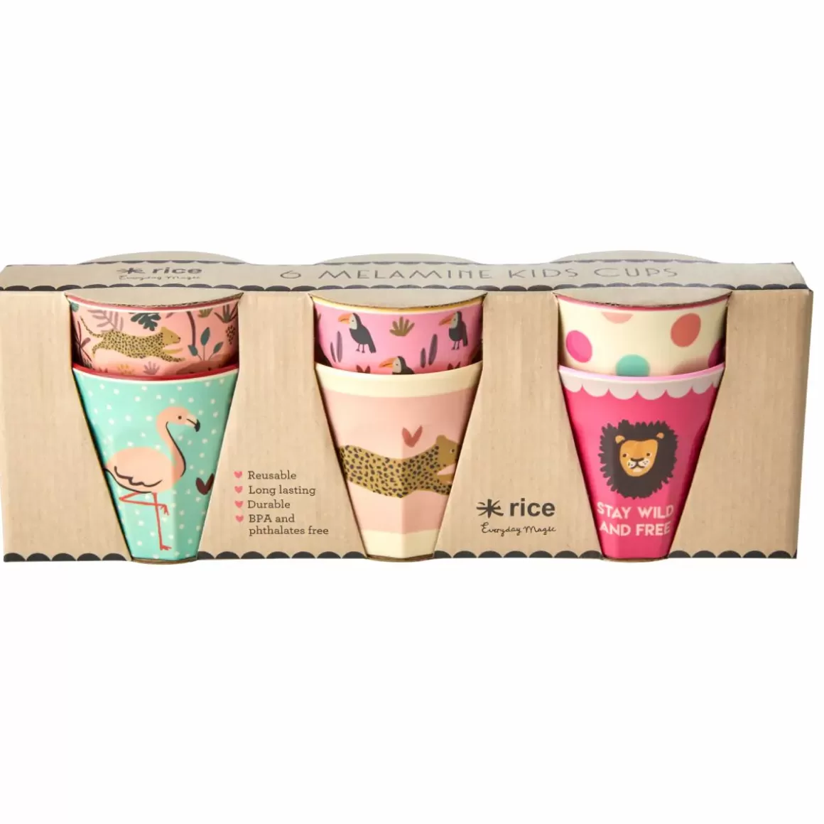 Danefæ Rice Melamine Bornekop 6 Stk Pink Jungle Animals Outlet