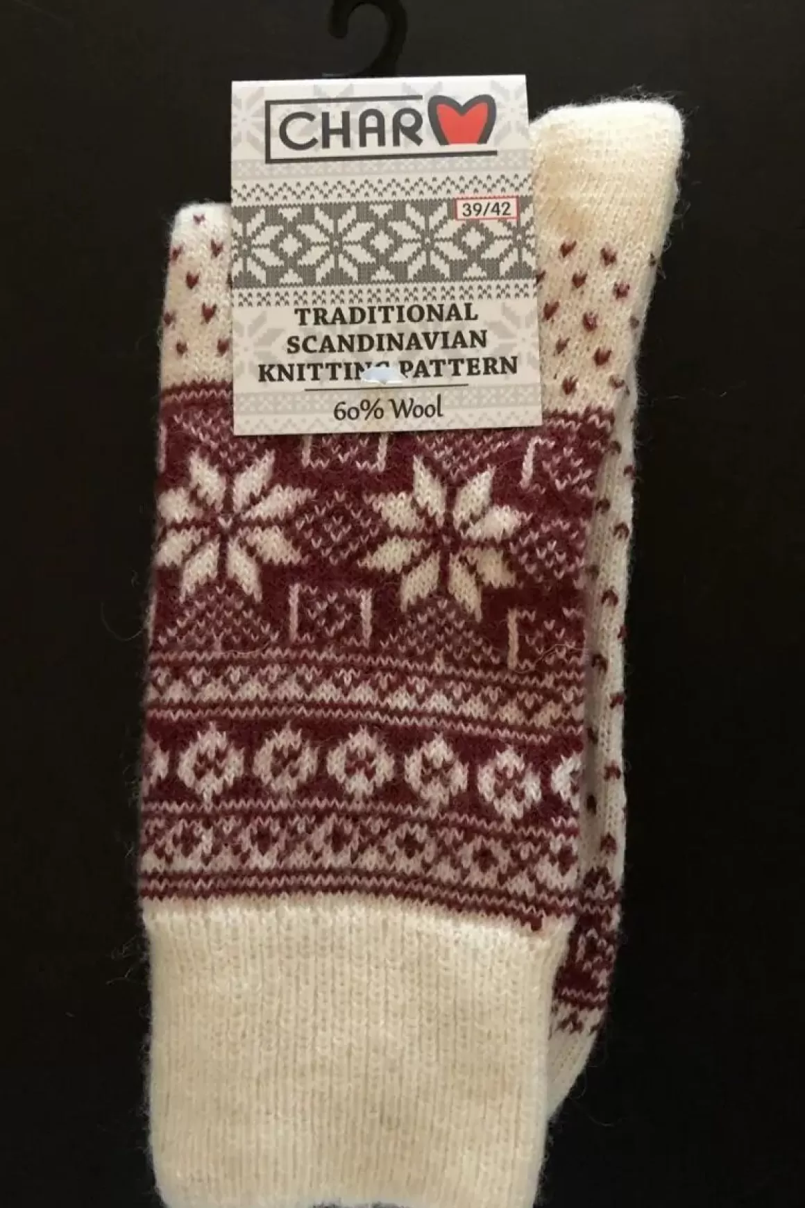 Danefæ Woolwear Uldsokker M/Snefnug White/Bordeaux Nr.37 Outlet